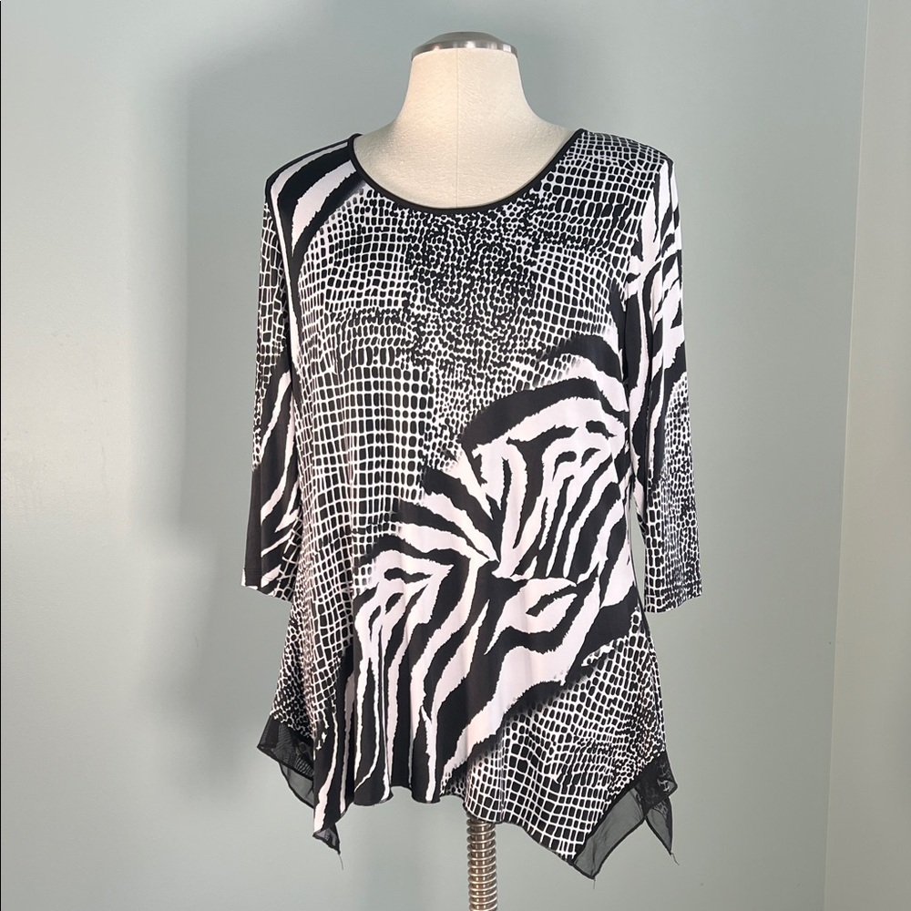 Peter Nygard Black and White Abstract Animal Liquid Knit Print Tunic Blouse L
